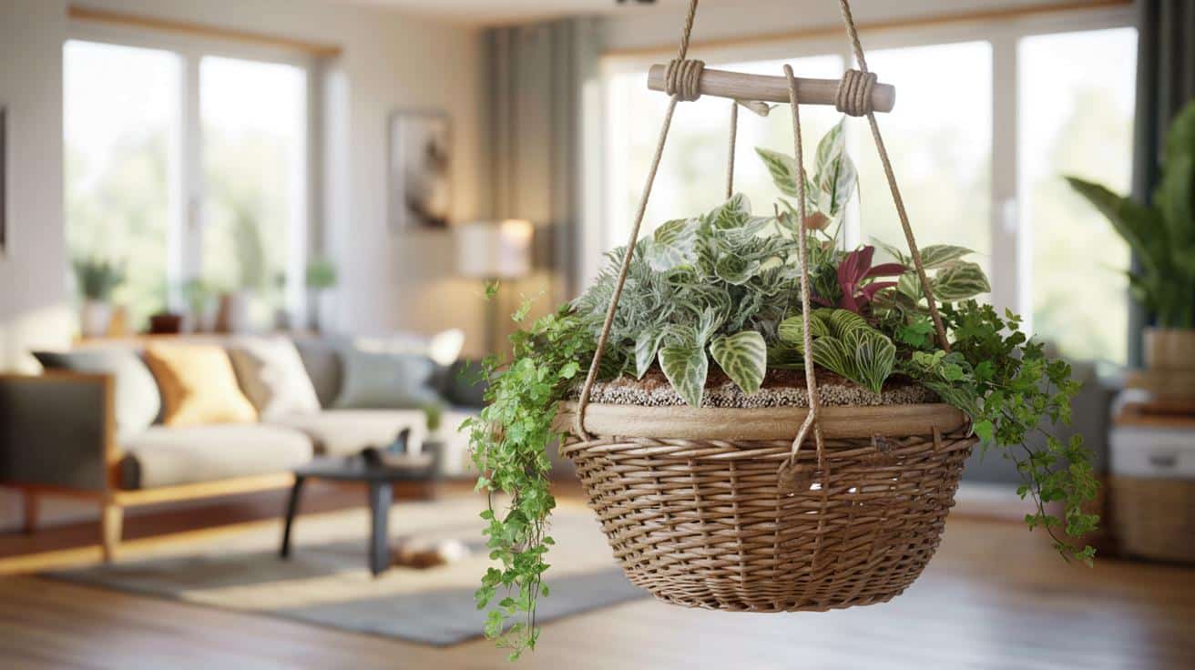 Stary kosz z lumpeksu? Zrób z niego wiszący miniogród w salonie