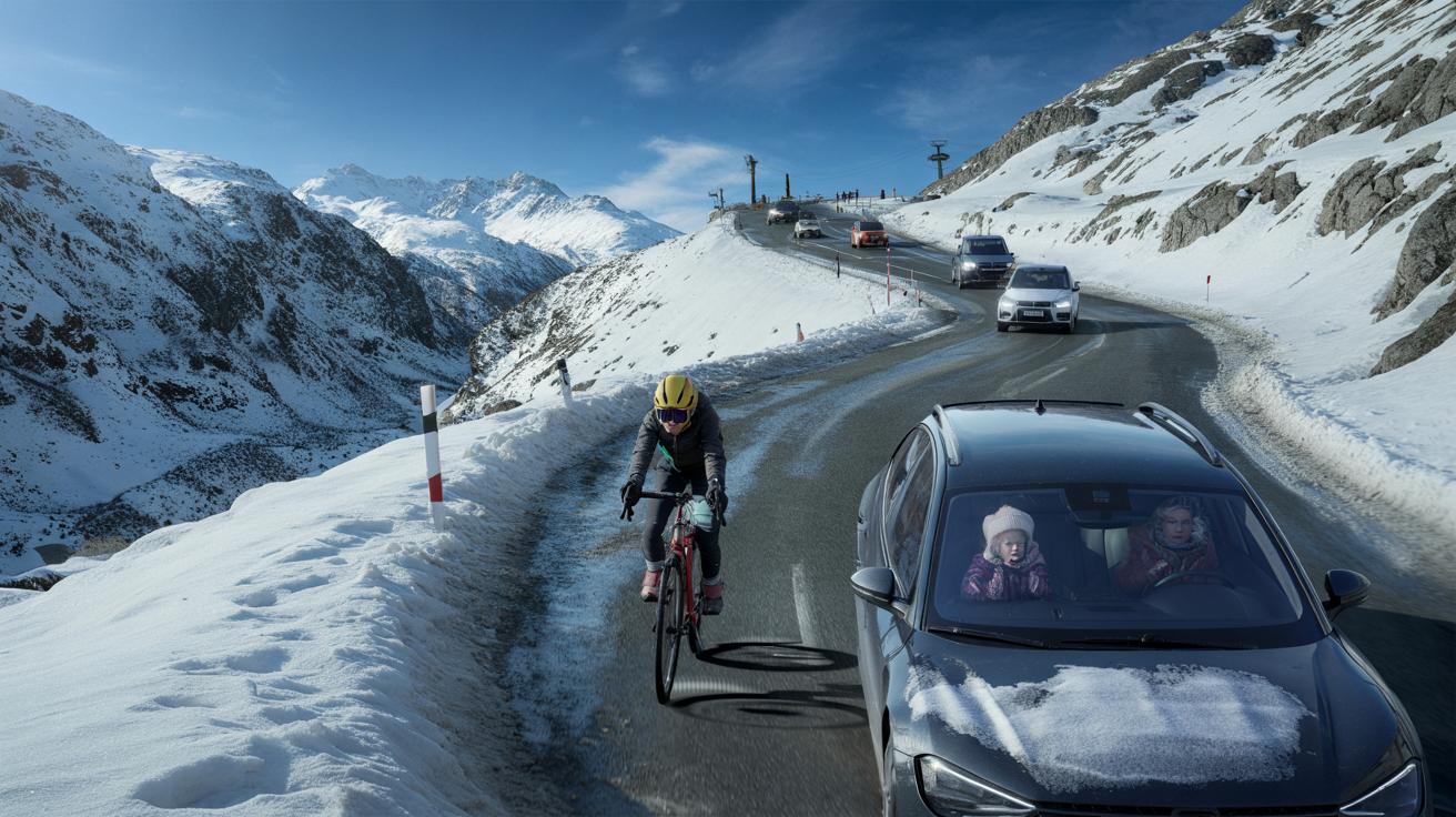 Ta górska droga w Pirenejach zimą zaskakuje rodziny i kolarzy