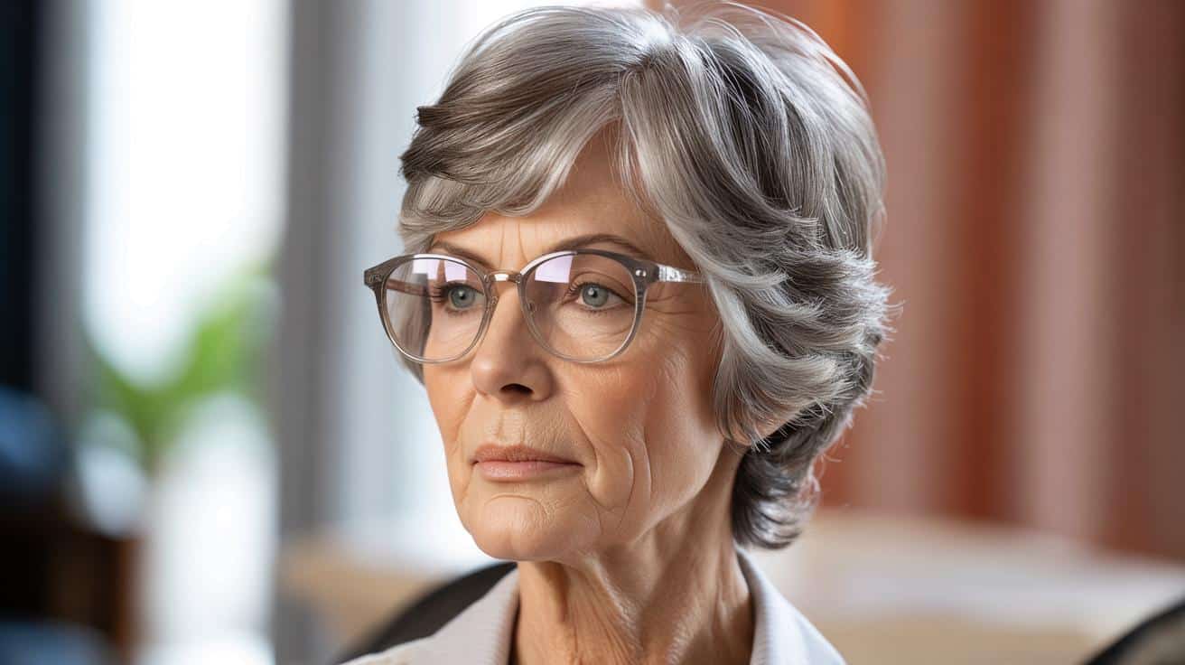 Ta krótka fryzura po 70. świetnie pasuje do okularów i odmładza twarz