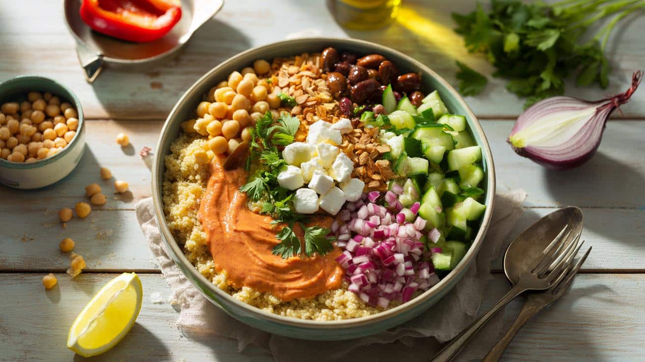 Tani obiad śródziemnomorski w 20 minut: miska quinoa z ciecierzycą