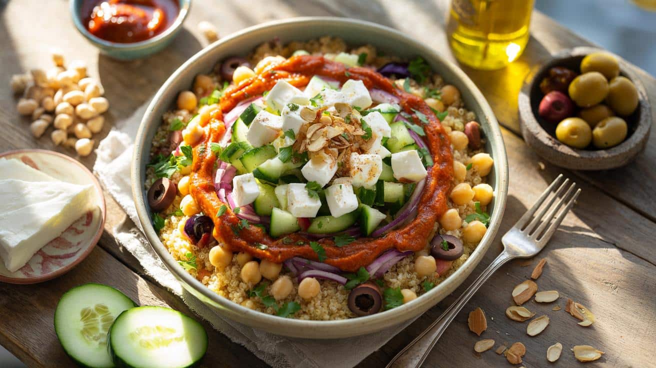 Tani obiad w stylu śródziemnomorskim: miska z komosą i ciecierzycą w 20 minut