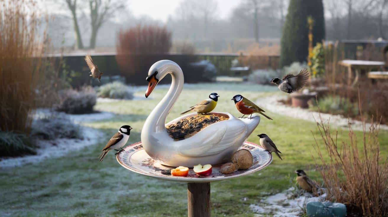 Ten kiczowaty łabędź z targu staroci uratuje zimą ptaki w ogrodzie