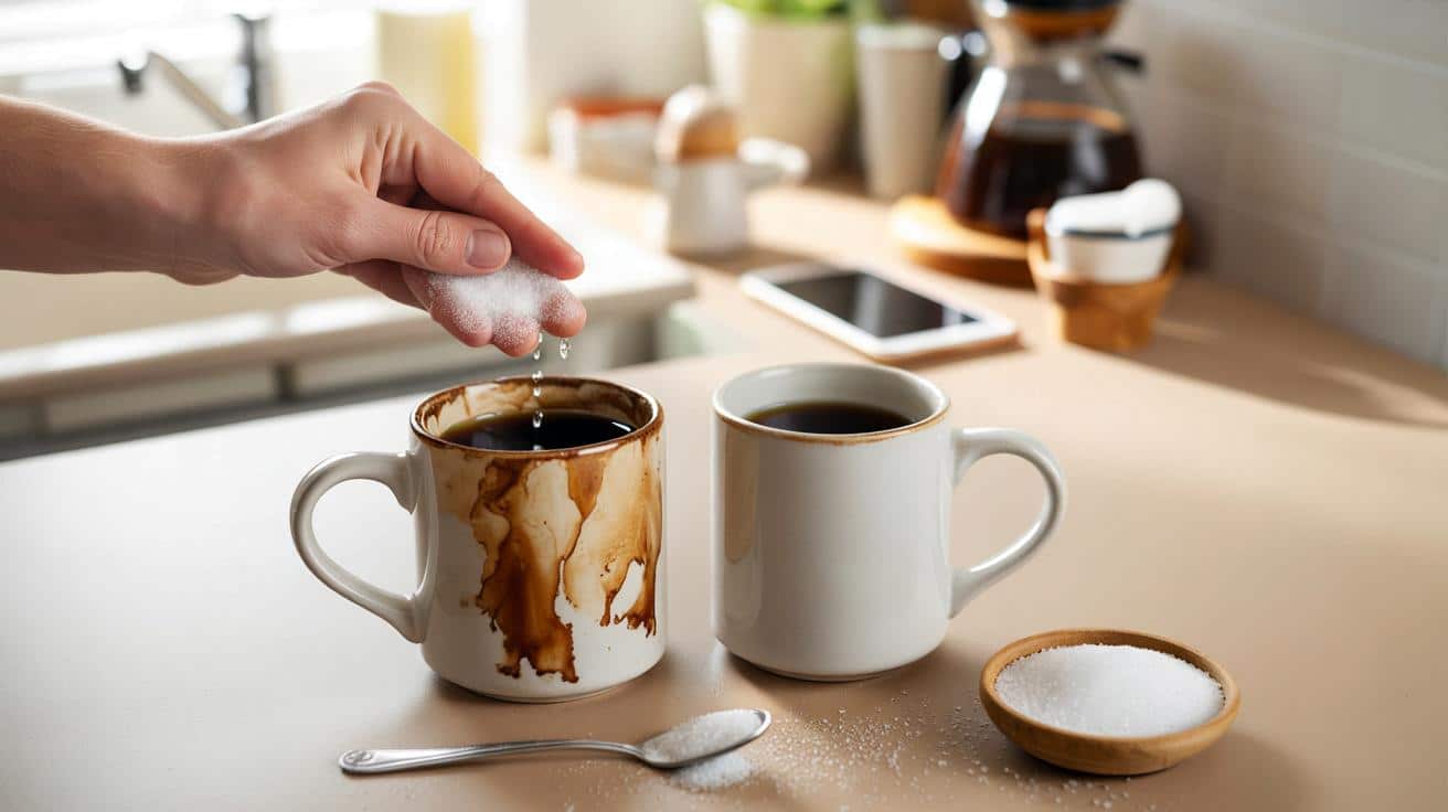 Ten sprytny sposób z solą usuwa plamy z kawy z kubków