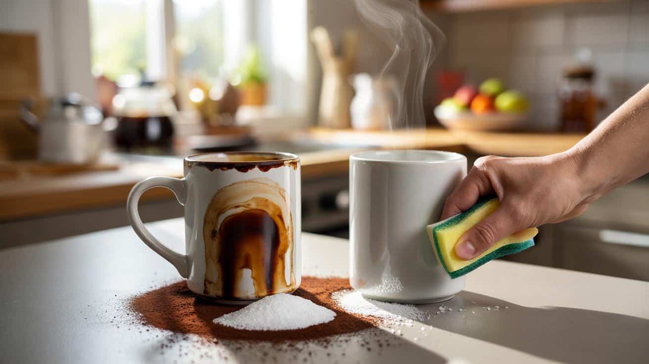 Ten sprytny sposób z solą usuwa plamy z kubków po kawie