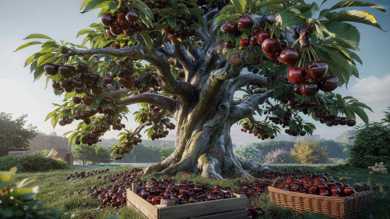 Ten stary czereśniowy gigant znosi siarczysty mróz i sypie owocami jak mały sad