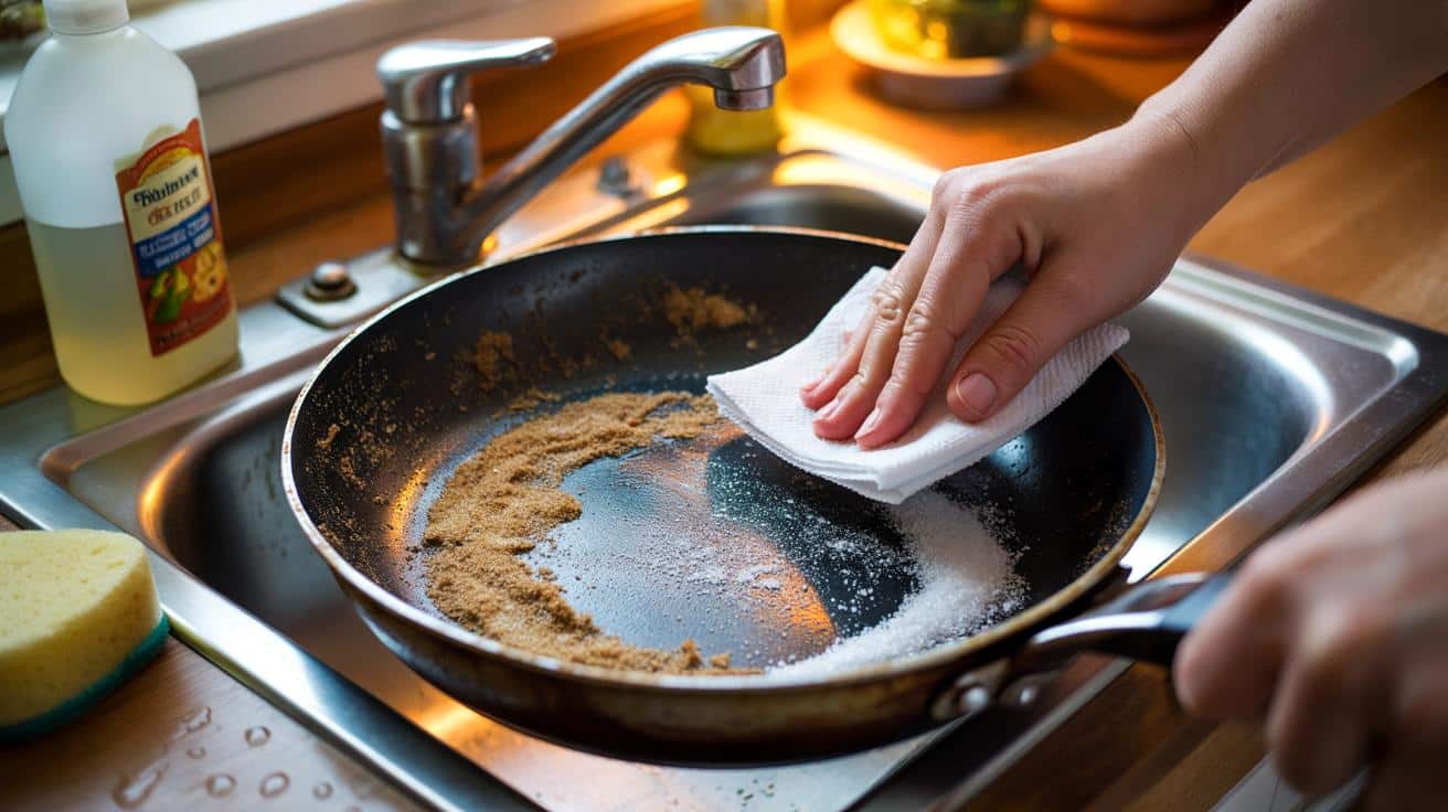 Ten trik z solą pomaga usunąć plamy z tłuszczu z patelni