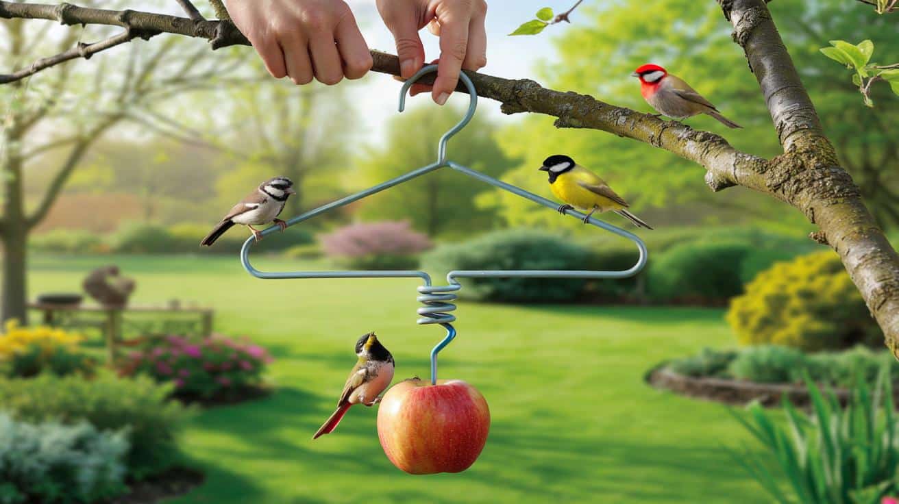 Wiesza zwykły druciany wieszak w ogrodzie. Po 3 minutach ptasi bar działa