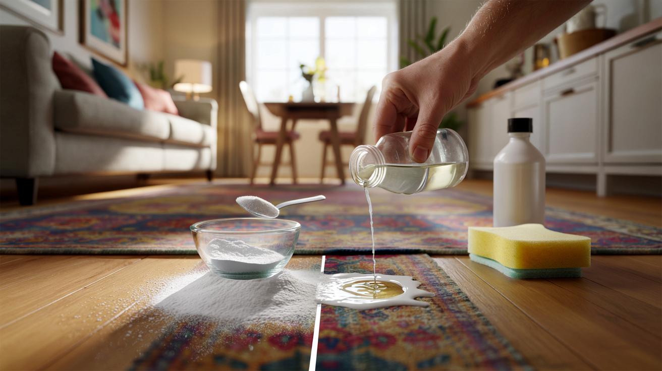 Wsypuję dwie łyżki proszku, dolewam odrobinę płynu i znika plama z dywanu