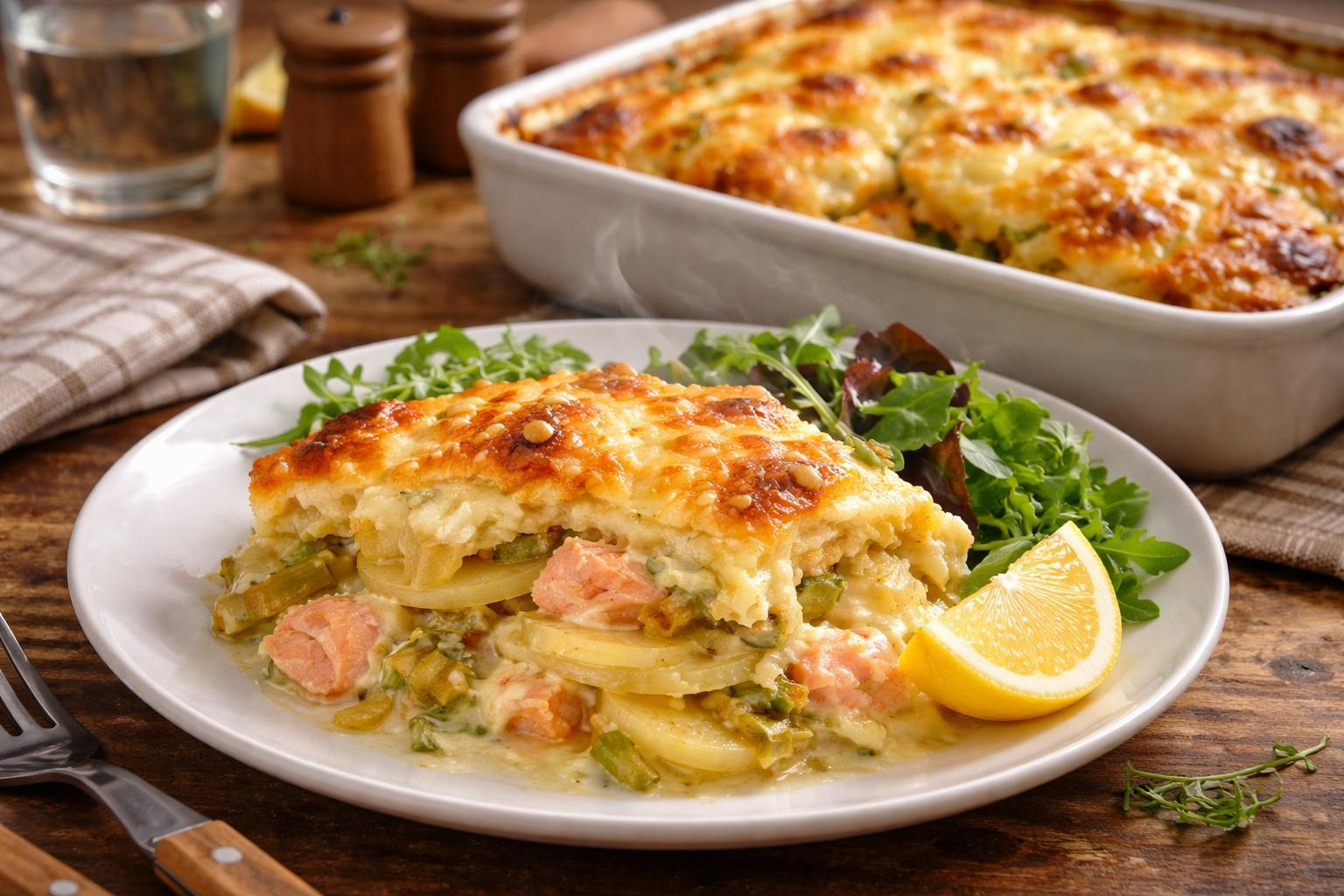 Zapiekanka z pora, ziemniaków i łososia: tani obiad dla całej rodziny